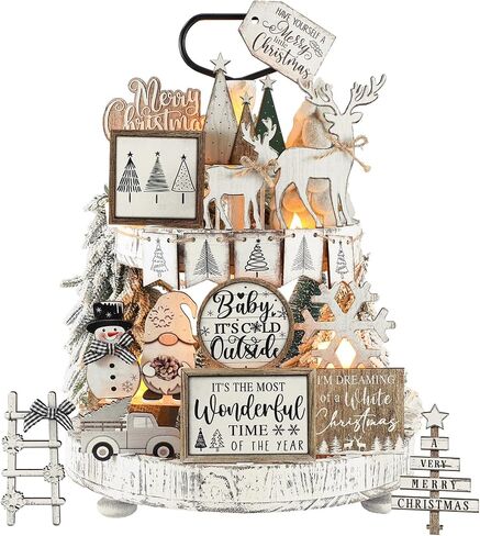 Shellwei 24 Pcs Christmas Tiered Tray Decor Wood Rustic Gingerbread Man Christmas Decoration for Home Table Shelf Christmas Winter Farmhouse Decor Xmas Trees Gnome Elk Snowflake Signs in Saudi Arabia