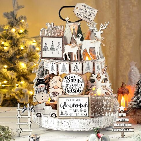 Shellwei 24 Pcs Christmas Tiered Tray Decor Wood Rustic Gingerbread Man Christmas Decoration for Home Table Shelf Christmas Winter Farmhouse Decor Xmas Trees Gnome Elk Snowflake Signs in Saudi Arabia