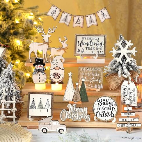 Shellwei 24 Pcs Christmas Tiered Tray Decor Wood Rustic Gingerbread Man Christmas Decoration for Home Table Shelf Christmas Winter Farmhouse Decor Xmas Trees Gnome Elk Snowflake Signs in Saudi Arabia