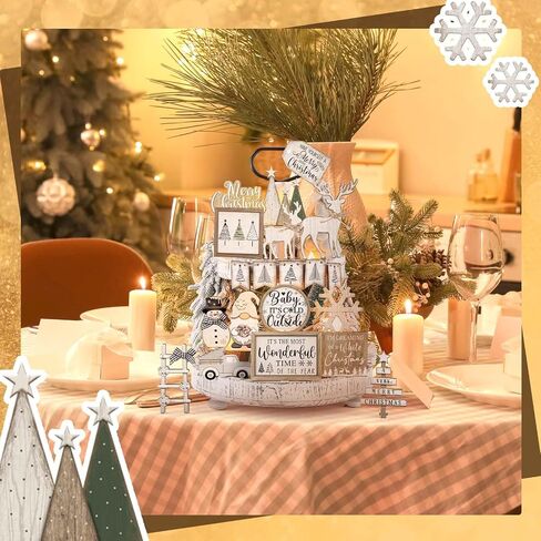 Shellwei 24 Pcs Christmas Tiered Tray Decor Wood Rustic Gingerbread Man Christmas Decoration for Home Table Shelf Christmas Winter Farmhouse Decor Xmas Trees Gnome Elk Snowflake Signs in Saudi Arabia