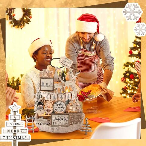 Shellwei 24 Pcs Christmas Tiered Tray Decor Wood Rustic Gingerbread Man Christmas Decoration for Home Table Shelf Christmas Winter Farmhouse Decor Xmas Trees Gnome Elk Snowflake Signs in Saudi Arabia