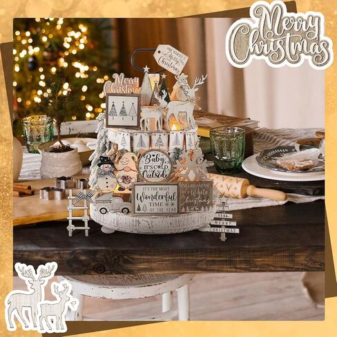 Shellwei 24 Pcs Christmas Tiered Tray Decor Wood Rustic Gingerbread Man Christmas Decoration for Home Table Shelf Christmas Winter Farmhouse Decor Xmas Trees Gnome Elk Snowflake Signs in Saudi Arabia