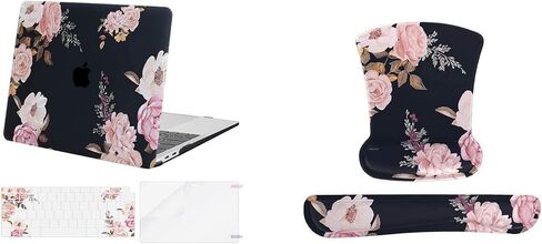 MOSISO Compatible with MacBook Air 13 inch Case 2020-2018 Release A2337 M1 A2179 A1932,Plastic Peony Hard Case&Keyboard Cover&Wrist Rest Support for Mouse Pad Keyboard Set Mousepad Non-Slip Base,Black in Saudi Arabia
