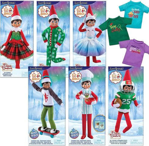 The Elf on the Shelf Claus Couture 2024 كاملة 6 مجموعة: PJS ، 2 فساتين ، طاهي ، لوح التزلج ، كرة القدم in Saudi Arabia