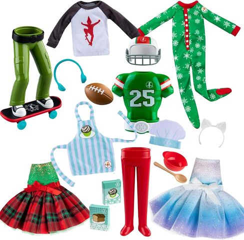 The Elf on the Shelf Claus Couture 2024 كاملة 6 مجموعة: PJS ، 2 فساتين ، طاهي ، لوح التزلج ، كرة القدم in Saudi Arabia
