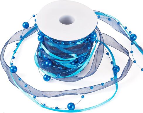 Beadthoven 5.47 Yards Blue Beaded Pearls String Sheer Organza Lace Fabric Ribbon Trim Satin Ribbon for Wedding Flower Decoration Wrapping Christmas Tree Decorations Garland Wreath Bridal Bouquet in Saudi Arabia