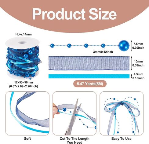 Beadthoven 5.47 Yards Blue Beaded Pearls String Sheer Organza Lace Fabric Ribbon Trim Satin Ribbon for Wedding Flower Decoration Wrapping Christmas Tree Decorations Garland Wreath Bridal Bouquet in Saudi Arabia