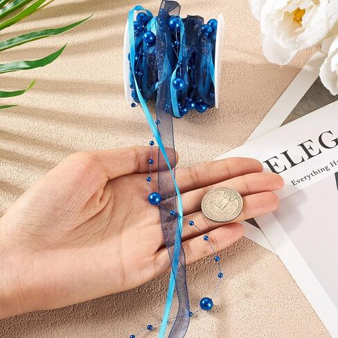 Beadthoven 5.47 Yards Blue Beaded Pearls String Sheer Organza Lace Fabric Ribbon Trim Satin Ribbon for Wedding Flower Decoration Wrapping Christmas Tree Decorations Garland Wreath Bridal Bouquet in Saudi Arabia