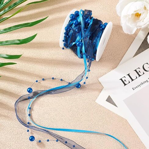 Beadthoven 5.47 Yards Blue Beaded Pearls String Sheer Organza Lace Fabric Ribbon Trim Satin Ribbon for Wedding Flower Decoration Wrapping Christmas Tree Decorations Garland Wreath Bridal Bouquet in Saudi Arabia