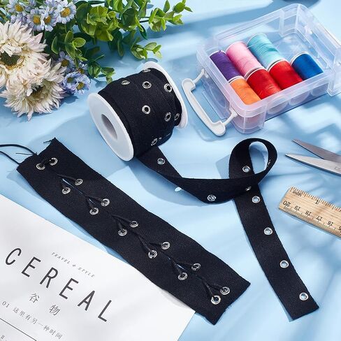 BENECREAT 8 Yards Black Cotton Grommet Eyelet Twill Tape, 1 inch Wide Metal Eyelet Ring Ribbon Strip for Sewing Crafts Making, Hole: 4mm in Saudi Arabia