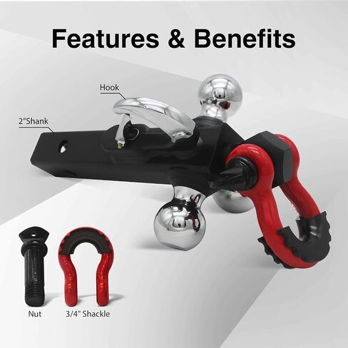 Trailer Hitch Ball Mount with Tow Shackle and 3/4" Hitch Pin Clip for Heavy Duty Trucks, SUVs, and Cars, Multifunctional 2 in 1 Hitch Mount Fits 2Inch Hitch Receiver in Saudi Arabia