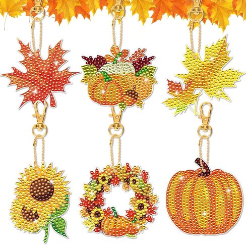 HOWAF 6pcs Fall Diamond Art Painting, DIY Autumn Diamond Art Painting Kit, Pumpkin Maple Leaves Sunflower Gem Diamonds Crafts for Kids Thanksgiving Activities in Saudi Arabia