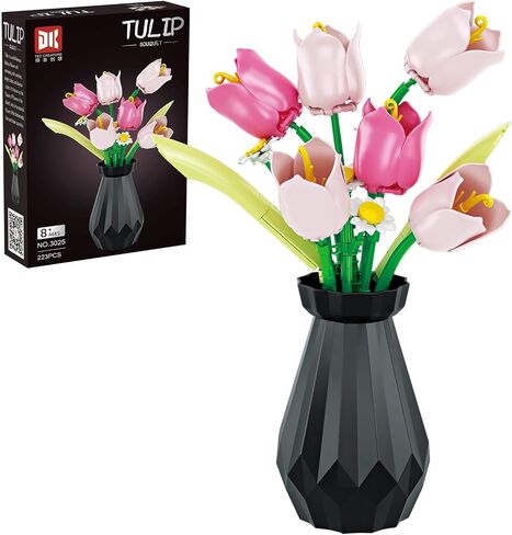 Artificial Flower Bouquet Building Set for Adult,Mini Plant Bonsai Tree Friend Set,Botanical Collection Gift for Kid,Tulip Building Blocks with Vase,Birthday Gift for Girl Mom Women Wife in Saudi Arabia