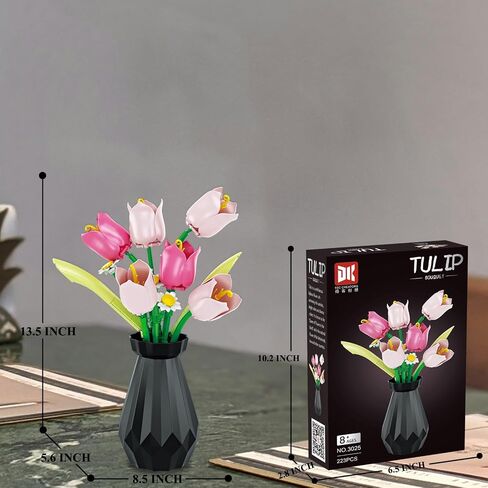 Artificial Flower Bouquet Building Set for Adult,Mini Plant Bonsai Tree Friend Set,Botanical Collection Gift for Kid,Tulip Building Blocks with Vase,Birthday Gift for Girl Mom Women Wife in Saudi Arabia