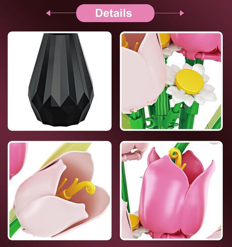 Artificial Flower Bouquet Building Set for Adult,Mini Plant Bonsai Tree Friend Set,Botanical Collection Gift for Kid,Tulip Building Blocks with Vase,Birthday Gift for Girl Mom Women Wife in Saudi Arabia