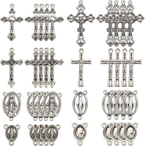 SUNNYCLUE 1 Box 80Pcs 8 Styles Rosary Cross Charms Silver Crucifix Charms Vintage Tibetan Style Easter Alloy Oval Connectors Chandelier Link Charm for Jewelry Making Charms Supplies DIY Necklace Craft in Saudi Arabia