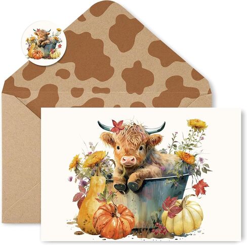 Whaline 24 Pack Fall Greeting Card Highland Cow Pumpkin Floral Blank Note Card with Envelopes Matching Seal Sticker for Autumn Thanksgiving Party Favor Supplies, 4 x 6 Inch in Saudi Arabia