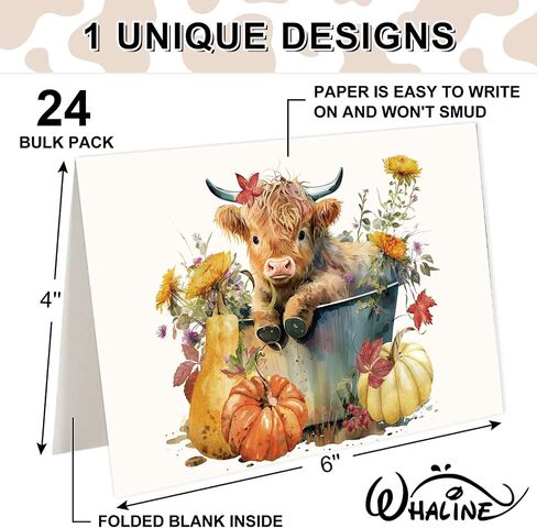 Whaline 24 Pack Fall Greeting Card Highland Cow Pumpkin Floral Blank Note Card with Envelopes Matching Seal Sticker for Autumn Thanksgiving Party Favor Supplies, 4 x 6 Inch in Saudi Arabia