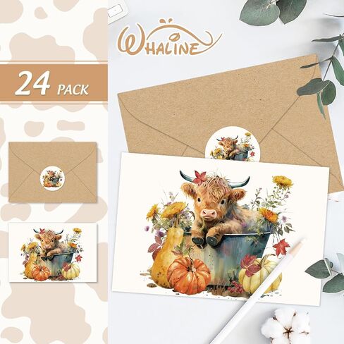 Whaline 24 Pack Fall Greeting Card Highland Cow Pumpkin Floral Blank Note Card with Envelopes Matching Seal Sticker for Autumn Thanksgiving Party Favor Supplies, 4 x 6 Inch in Saudi Arabia