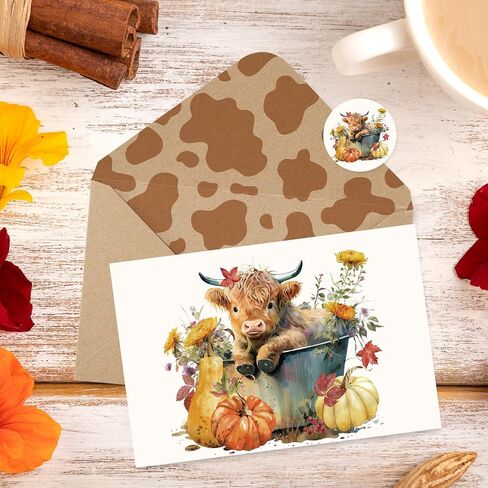 Whaline 24 Pack Fall Greeting Card Highland Cow Pumpkin Floral Blank Note Card with Envelopes Matching Seal Sticker for Autumn Thanksgiving Party Favor Supplies, 4 x 6 Inch in Saudi Arabia