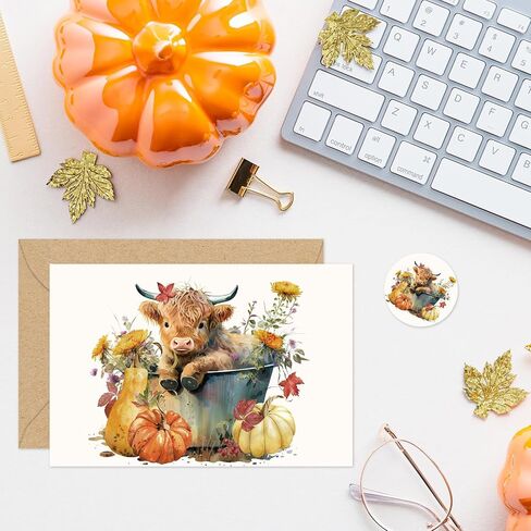 Whaline 24 Pack Fall Greeting Card Highland Cow Pumpkin Floral Blank Note Card with Envelopes Matching Seal Sticker for Autumn Thanksgiving Party Favor Supplies, 4 x 6 Inch in Saudi Arabia