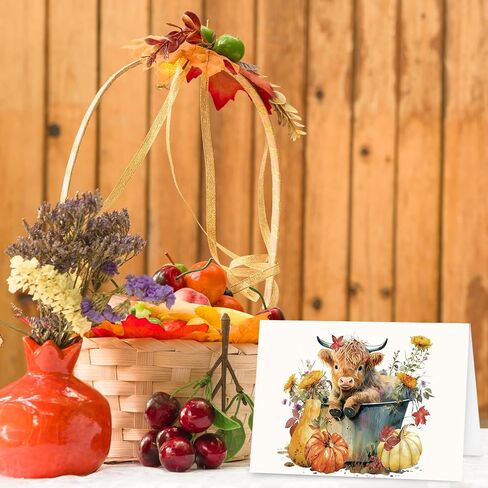 Whaline 24 Pack Fall Greeting Card Highland Cow Pumpkin Floral Blank Note Card with Envelopes Matching Seal Sticker for Autumn Thanksgiving Party Favor Supplies, 4 x 6 Inch in Saudi Arabia