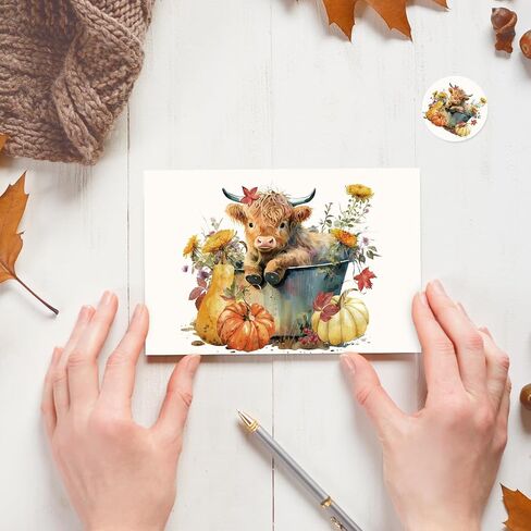 Whaline 24 Pack Fall Greeting Card Highland Cow Pumpkin Floral Blank Note Card with Envelopes Matching Seal Sticker for Autumn Thanksgiving Party Favor Supplies, 4 x 6 Inch in Saudi Arabia