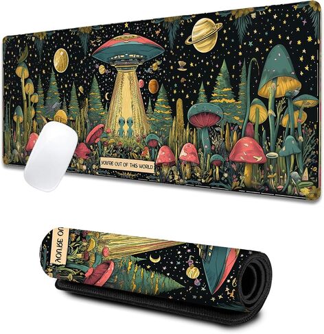 Alien and UFO Large Gaming Desk Mat,Rubber Non-Slip Colorful Mushroom Planet Star Mouse Pad,31.5x11.8x0.12in Extended Sci-Fi Mousepad,Game Lover Mice Pads Gifts,Office Home Deskmat Decor in Saudi Arabia