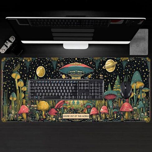 Alien and UFO Large Gaming Desk Mat,Rubber Non-Slip Colorful Mushroom Planet Star Mouse Pad,31.5x11.8x0.12in Extended Sci-Fi Mousepad,Game Lover Mice Pads Gifts,Office Home Deskmat Decor in Saudi Arabia