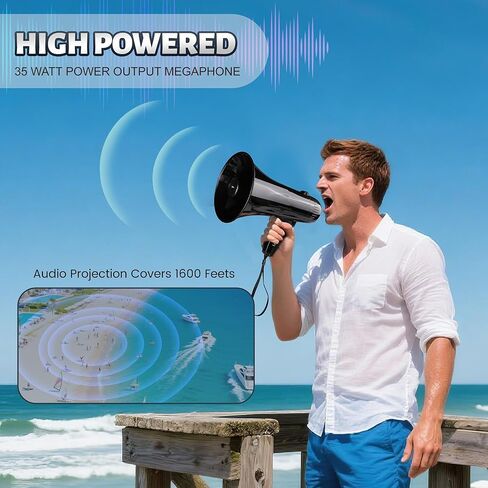 Loudmore Portable Megaphone Bullhorn 35 Watt Power Megaphone Speaker with Siren/Alarm Modes, 240S Recording, USB Flash Drive, Detachable Handheld Microphone, Volume Control and Strap in Saudi Arabia