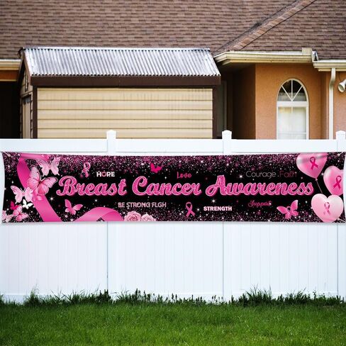 Breast Cancer Awareness Banner Backdrop October Breast Cancer Month Decorations Black Ribbon Party Banner Butterfly Love Hope Faith Strength Party Charity Activities Fundraising 98.4x19.6inch in Saudi Arabia