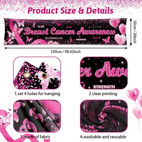 Breast Cancer Awareness Banner Backdrop October Breast Cancer Month Decorations Black Ribbon Party Banner Butterfly Love Hope Faith Strength Party Charity Activities Fundraising 98.4x19.6inch in Saudi Arabia