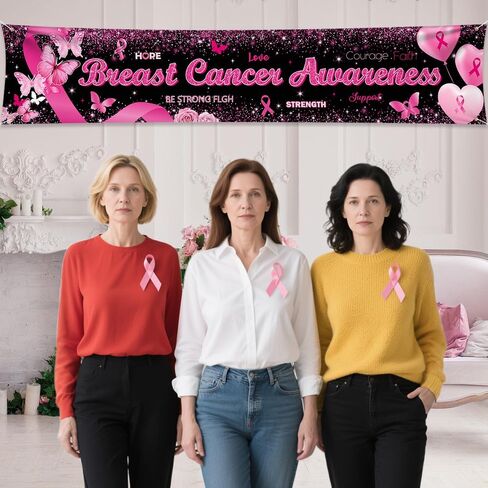 Breast Cancer Awareness Banner Backdrop October Breast Cancer Month Decorations Black Ribbon Party Banner Butterfly Love Hope Faith Strength Party Charity Activities Fundraising 98.4x19.6inch in Saudi Arabia