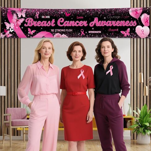 Breast Cancer Awareness Banner Backdrop October Breast Cancer Month Decorations Black Ribbon Party Banner Butterfly Love Hope Faith Strength Party Charity Activities Fundraising 98.4x19.6inch in Saudi Arabia