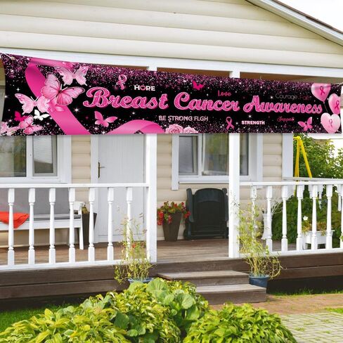 Breast Cancer Awareness Banner Backdrop October Breast Cancer Month Decorations Black Ribbon Party Banner Butterfly Love Hope Faith Strength Party Charity Activities Fundraising 98.4x19.6inch in Saudi Arabia