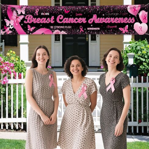 Breast Cancer Awareness Banner Backdrop October Breast Cancer Month Decorations Black Ribbon Party Banner Butterfly Love Hope Faith Strength Party Charity Activities Fundraising 98.4x19.6inch in Saudi Arabia