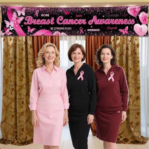 Breast Cancer Awareness Banner Backdrop October Breast Cancer Month Decorations Black Ribbon Party Banner Butterfly Love Hope Faith Strength Party Charity Activities Fundraising 98.4x19.6inch in Saudi Arabia
