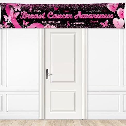 Breast Cancer Awareness Banner Backdrop October Breast Cancer Month Decorations Black Ribbon Party Banner Butterfly Love Hope Faith Strength Party Charity Activities Fundraising 98.4x19.6inch in Saudi Arabia