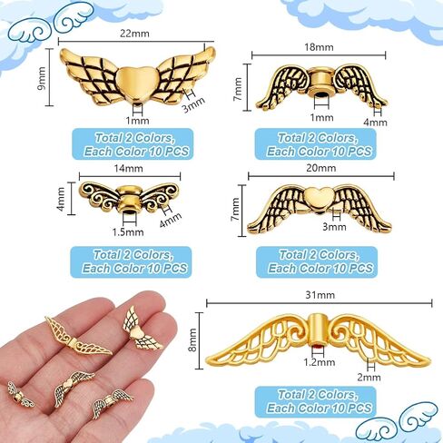 PH PandaHall 100Pcs 5 Styles Tibetan Style Angel Wing Beads Metal Alloy Loose Beads Spacer Charms Small Angel Wings for Crafts Necklace Bracelet Earring Jewelry Making in Saudi Arabia