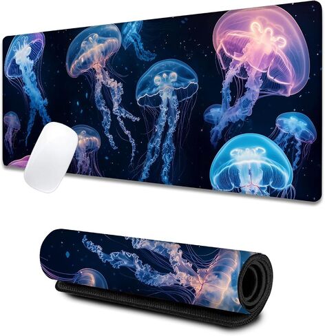Glowing Jellyfish Large Gaming Desk Mat,Rubber Non-Slip Ethereal Underwater Marine Life Mouse Pad,31.5x11.8x0.12in Extended Ocean Mousepad,Game Lover Mice Pads Gifts,Office Home Deskmat Decor in Saudi Arabia