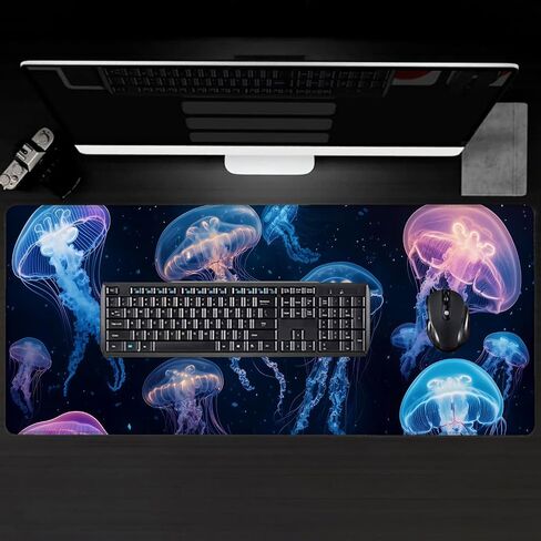 Glowing Jellyfish Large Gaming Desk Mat,Rubber Non-Slip Ethereal Underwater Marine Life Mouse Pad,31.5x11.8x0.12in Extended Ocean Mousepad,Game Lover Mice Pads Gifts,Office Home Deskmat Decor in Saudi Arabia