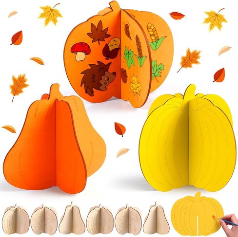 Geelin 24 Pcs Fall Crafts Kit Wooden 3D Pumpkin Cutouts DIY Wood Pumpkin to Paint Unfinished Wood Slices Coloring Table Centerpiece Decor for Thanksgiving Autumn Harvest(4.72",Stylish Style) in Saudi Arabia