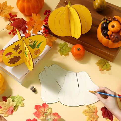 Geelin 24 Pcs Fall Crafts Kit Wooden 3D Pumpkin Cutouts DIY Wood Pumpkin to Paint Unfinished Wood Slices Coloring Table Centerpiece Decor for Thanksgiving Autumn Harvest(4.72",Stylish Style) in Saudi Arabia