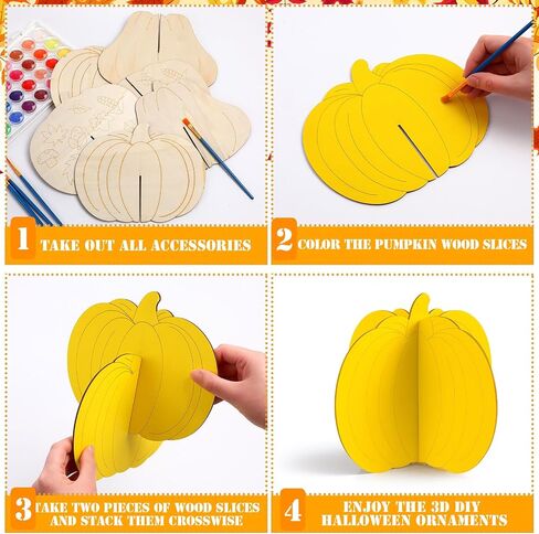 Geelin 24 Pcs Fall Crafts Kit Wooden 3D Pumpkin Cutouts DIY Wood Pumpkin to Paint Unfinished Wood Slices Coloring Table Centerpiece Decor for Thanksgiving Autumn Harvest(4.72",Stylish Style) in Saudi Arabia