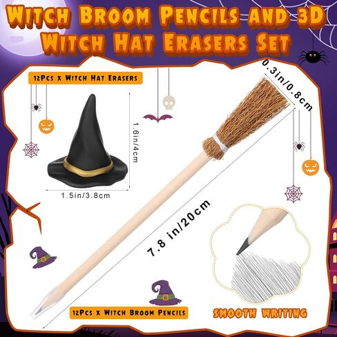 24 PCS Mini Witch Hat Broom Pencils محو محوها مع 12 3 د الساحرة الصغيرة القبعة Eraser 12 أقلام برصاصة لصالح الحفلات الهالوين هدايا الديكور الأطفال الكبار المكافأة اللوازم المدرسية in Saudi Arabia