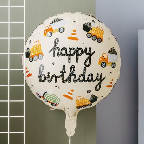 Round Foil Balloon Happy Birthday Construction Vehicles 18 Inch PartyDeco, Kids Boy Party Balloons, Boys Construction Birthday Party Supplies in Saudi Arabia