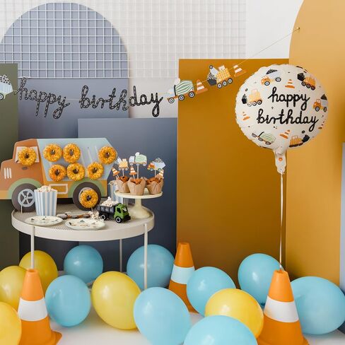 Round Foil Balloon Happy Birthday Construction Vehicles 18 Inch PartyDeco, Kids Boy Party Balloons, Boys Construction Birthday Party Supplies in Saudi Arabia
