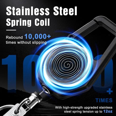 Retractable Keychain, Heavy Duty Carabiner Badge Holder, Tactical ID Badge Reel with 32" Steel Retractable Cord, Weight Capacity 10 oz. with Badge Strap and Key Ring（Black） in Kuwait