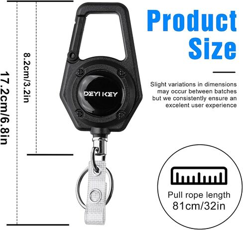 Retractable Keychain, Heavy Duty Carabiner Badge Holder, Tactical ID Badge Reel with 32" Steel Retractable Cord, Weight Capacity 10 oz. with Badge Strap and Key Ring（Black） in Kuwait