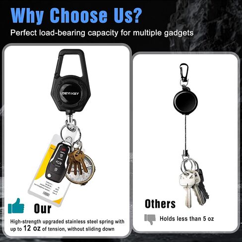 Retractable Keychain, Heavy Duty Carabiner Badge Holder, Tactical ID Badge Reel with 32" Steel Retractable Cord, Weight Capacity 10 oz. with Badge Strap and Key Ring（Black） in Kuwait